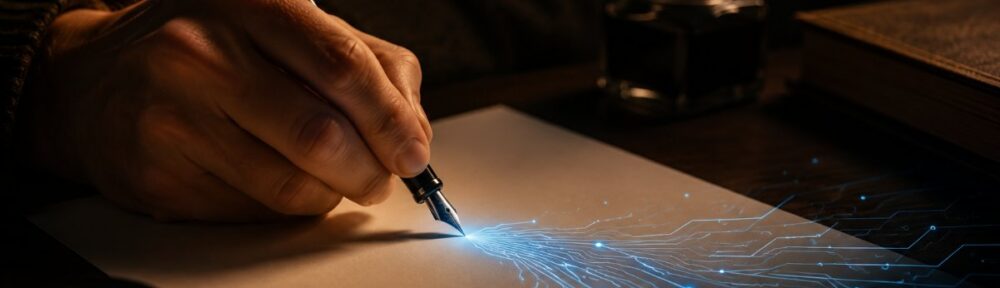 Una mano scrive con una penna stilografica e dal pennino si diramano circuiti luminosi azzurri