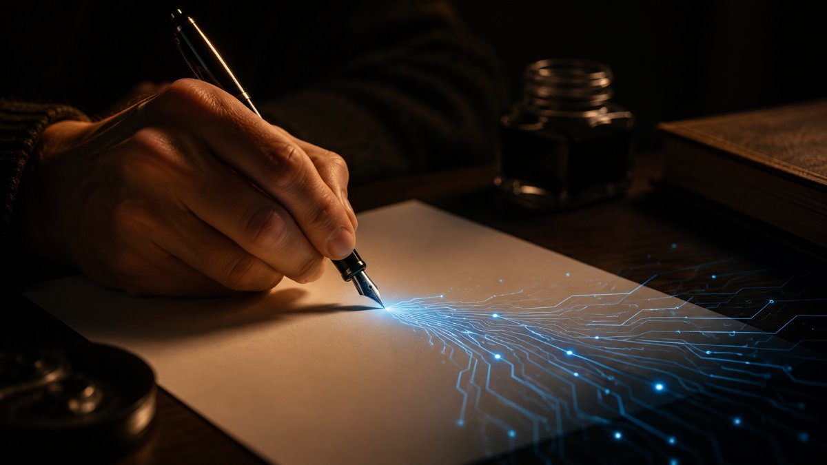 Una mano scrive con una penna stilografica e dal pennino si diramano circuiti luminosi azzurri
