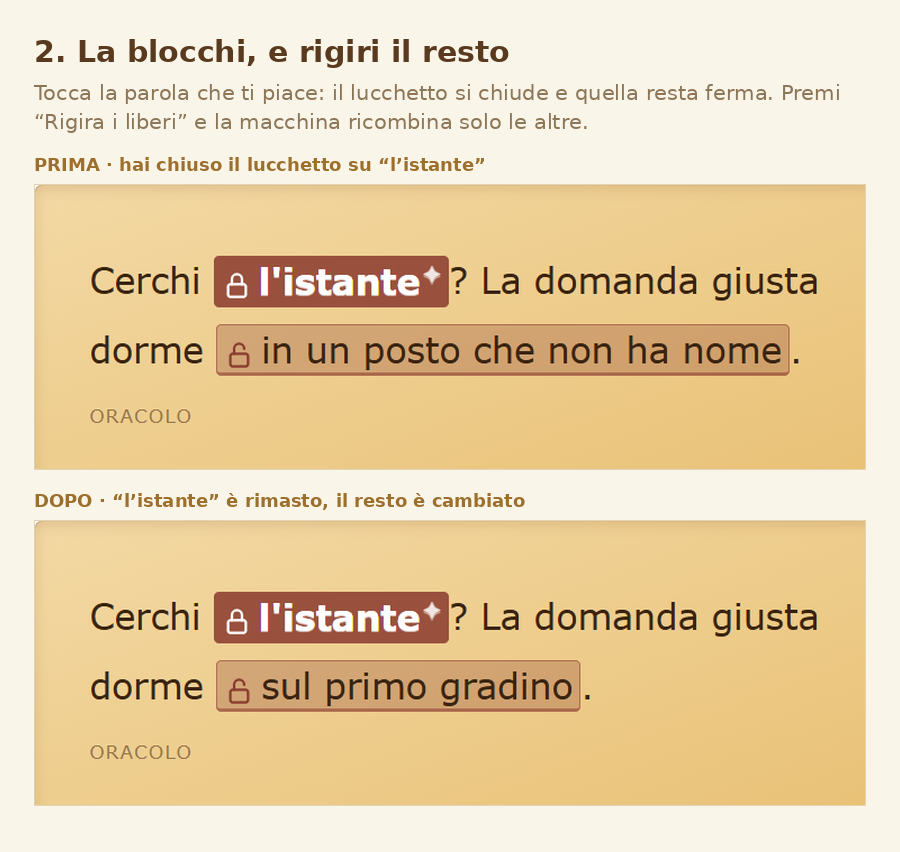 Prima e dopo: la parola bloccata resta ferma, il resto della frase cambia