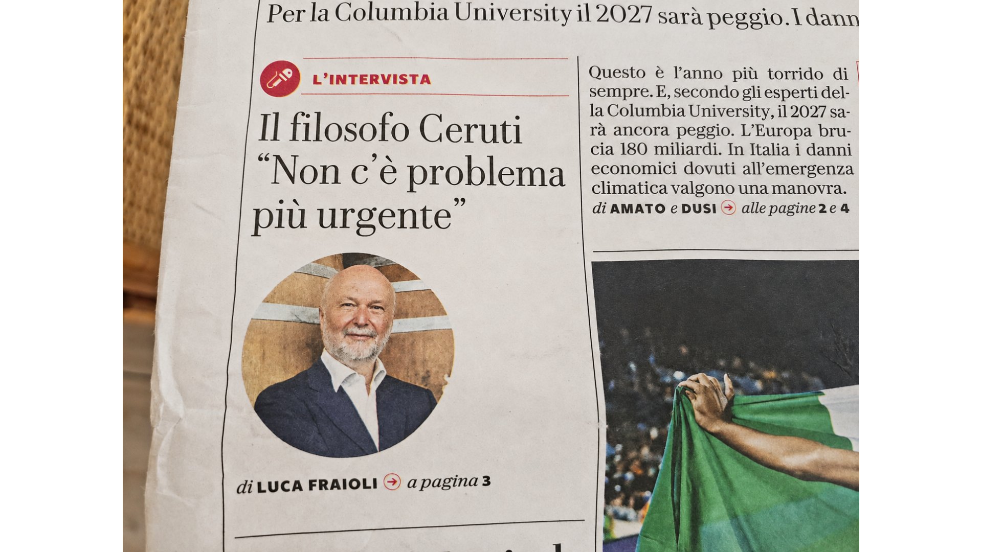La prima pagina di Repubblica con il richiamo all’intervista a Mauro Ceruti e il titolo Non c’è problema più urgente