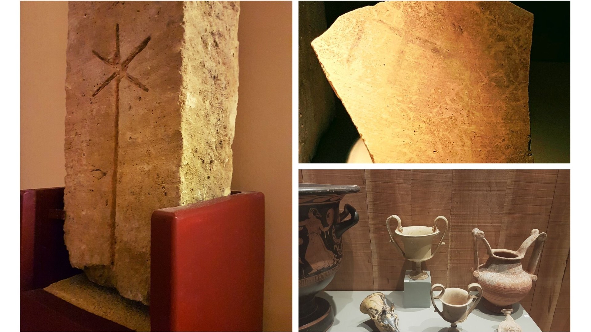 Reperti messapici del museo di Oria: la stele con la fiaccola di Demetra e il frammento con la svastica messapica