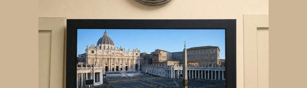 Monitor acceso su Piazza San Pietro in diretta nella reception di un hotel di Roma, con un orologio a lancette sopra