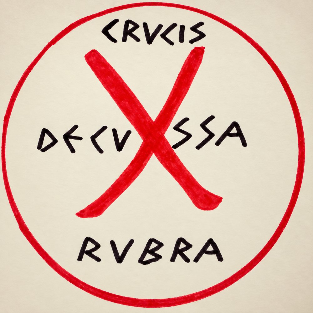 Disegno a pennarello di una X rossa in un cerchio rosso con la scritta CRVCIS DECVSSA RVBRA