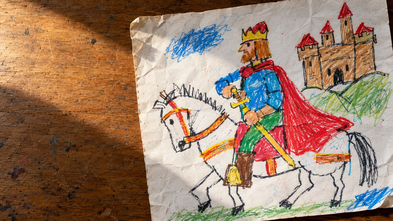 Disegno infantile di un re a cavallo su un banco di scuola, il premio che la pubblicità di un volantino promise a un bambino
