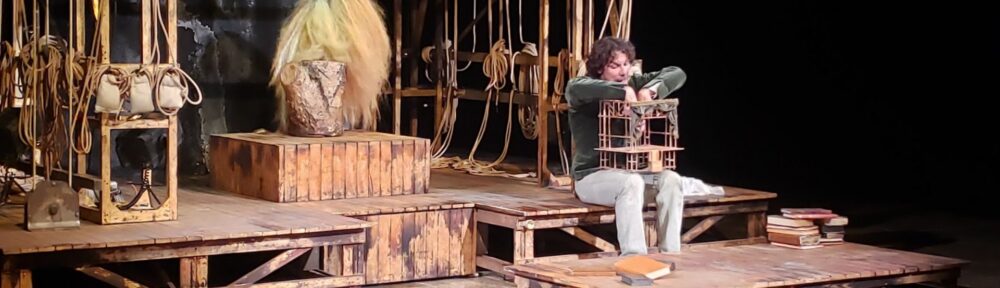 Francesco Montanari in Storia di un cinghiale, variazione su Riccardo III, seduto con un teatrino in miniatura in braccio