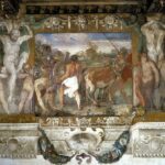 Affresco dei Carracci: Romolo guida un aratro tirato da un toro e da una vacca e traccia il solco che segna il confine di Roma