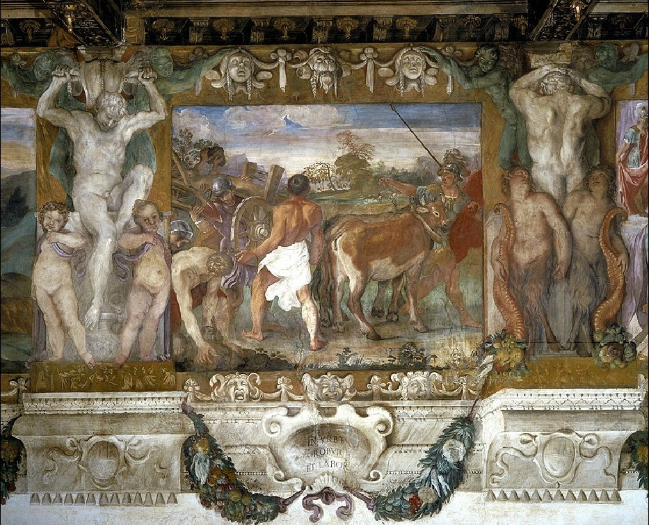 Affresco dei Carracci: Romolo guida un aratro tirato da un toro e da una vacca e traccia il solco che segna il confine di Roma